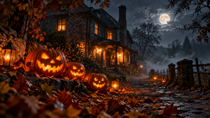 Moonlit Haunted Cottage with Jack-o’-Lanterns noč čarovnic, praznik - chat gpt